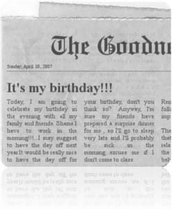 personal paragraph, pedaço de papel de jornal informa aniversario e convite de pessoa importante