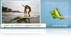 postcard of hawaii, cartões postais do havaí, homem e mulher surfando sobre prancha long board em mares do havaí