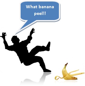 homem escorregando em casca de banana problemas apuros dificuldades dicas de inglês preposição gramática 