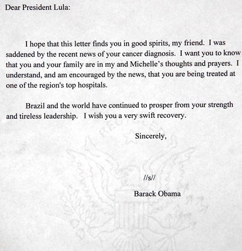 cópia da carta enviada a lula pelo presidente dos EUA, barack obama, instituto lula