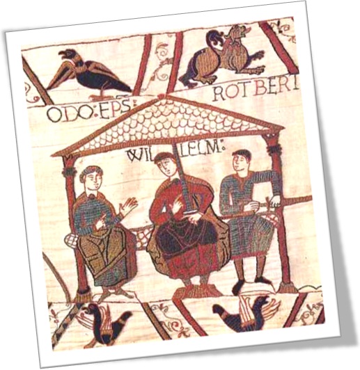 William the Conqueror, seated center, flanked by Odo, Archbishop of Canterbury, left, and Rotbert, right
