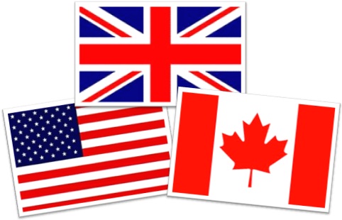 diferenças entre inglês britânico e americano, bandeiras do reino unido, estados unidos da américa e canadá