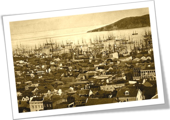 Porto de San Francisco (Baía de Yerba Buena), em 1850 ou 1851, com a ilha de Yerba Buena Island ao fundo