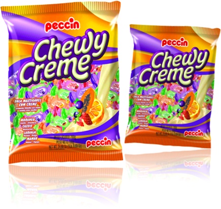 balas mastigáveis chewy creme peccin sabores morango, laranja, mamão e cássis