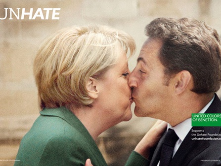 unhate, benetton, fotomontagem, beijo entre a chanceler alemã, angela merkel e o presidente francês, nicolas sarkozy