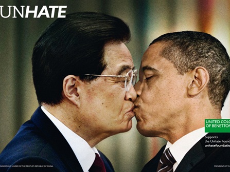 unhate, benetton, beijo entre o presidente da china, hu jintao e barack obama, dos EUA, fotomontagem