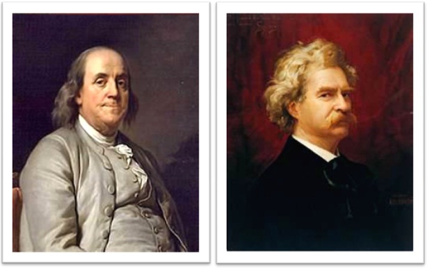 cientistas e político benjamin franklin, escritor mark twain, norte-americanos