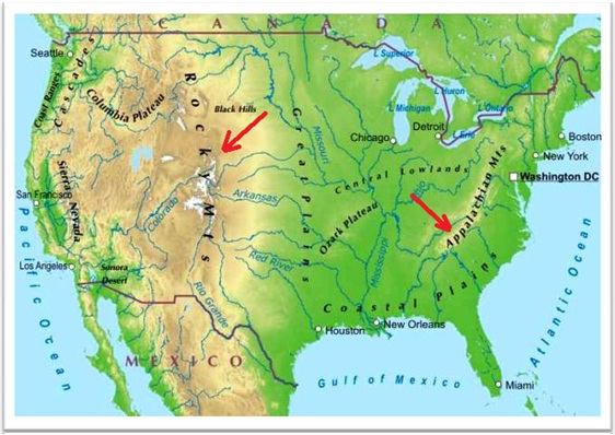 mapa dos estados unidos, montanhas rochosas, montes apalaches, rio mississipi