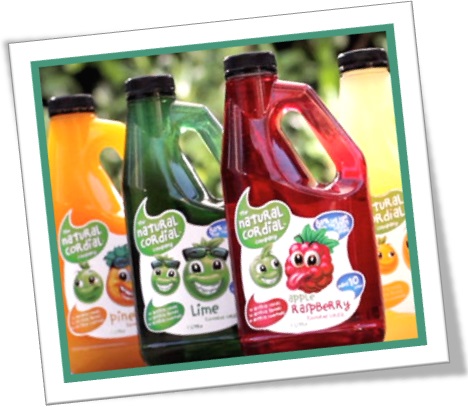 bottles of natural cordial raspberry pineapple lime orange