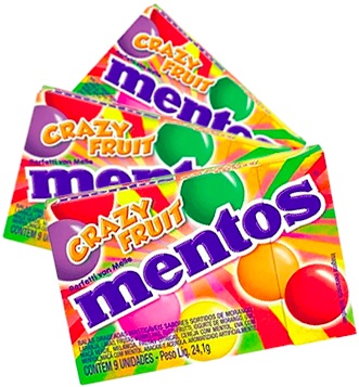 goma de mascar mentos crazy fruit, morango, laranja, limão, uva, cereja, maçã, melancia, abacaxi, acerola