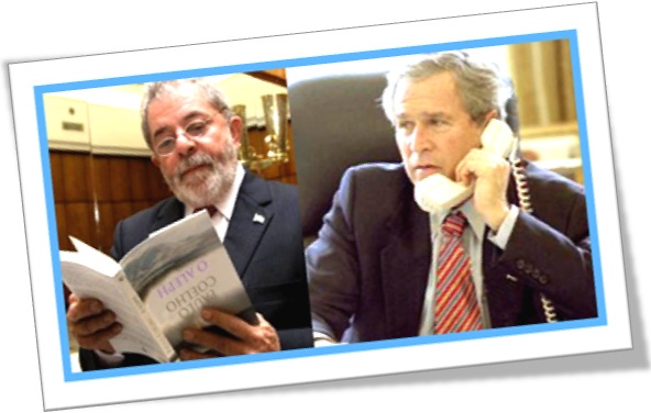 foto montagem, presidentes lula lendo livro de cabeça para baixa, bush atendendo telefone de ponta cabeça