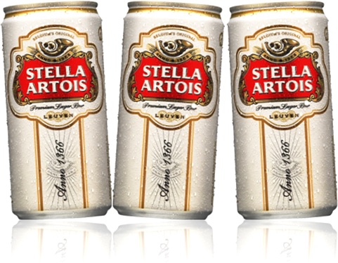 latas de cerveja belga stella artois, bebida alcoólica, cans of beer
