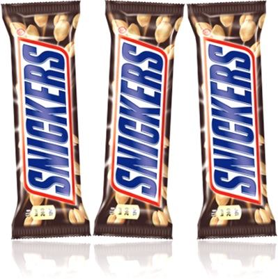 barra de chocolate snickers recheada com caramelo, amendoim e nougat, produtos mars