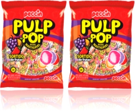 pirulitos mastigável pulp pop peccin sabores uva, laranja, morango cereja