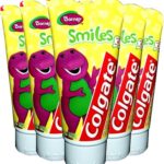 creme dental colgate barney smiles, gel dental, dentes, crianças
