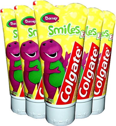 creme dental colgate barney smiles, gel dental, dentes, crianças