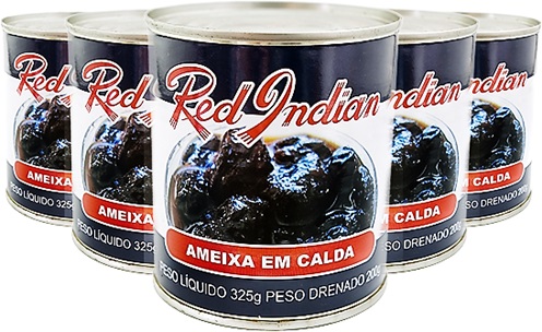 latas de red indian ameixa em calda, passas de ameixa