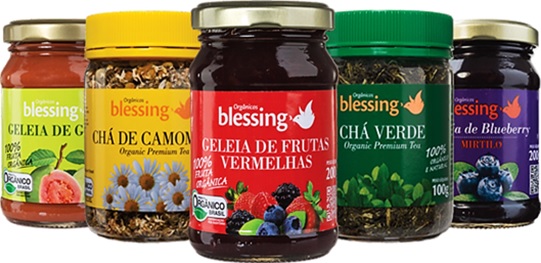 produtos orgânicos blessing geleia, goiaba, frutas vermelhas, blueberry, chá verde, camomila