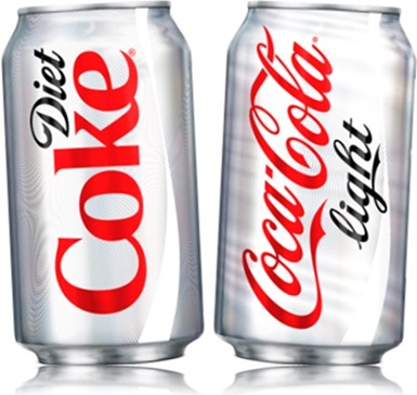 latas de refrigerantes diet coke e coca cola light, refrigerantes diet e light