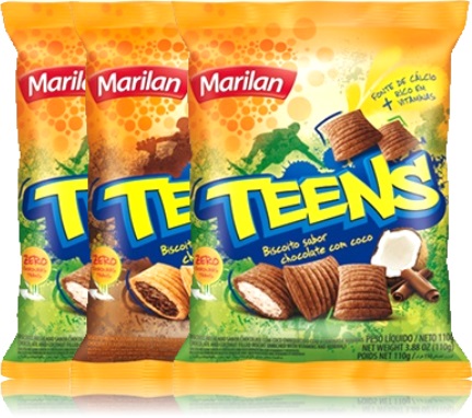 biscoitos marilan teens sabores chocolate e coco, lanche