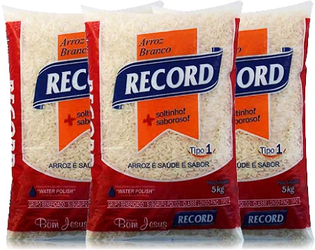 pacotes de arroz branco, record, arrozeiro bom jesus